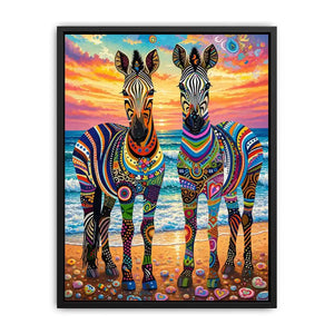 Vibrant zebras by the seaside