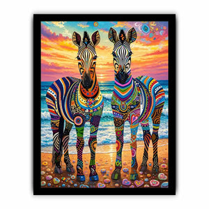 Vibrant zebras by the seaside