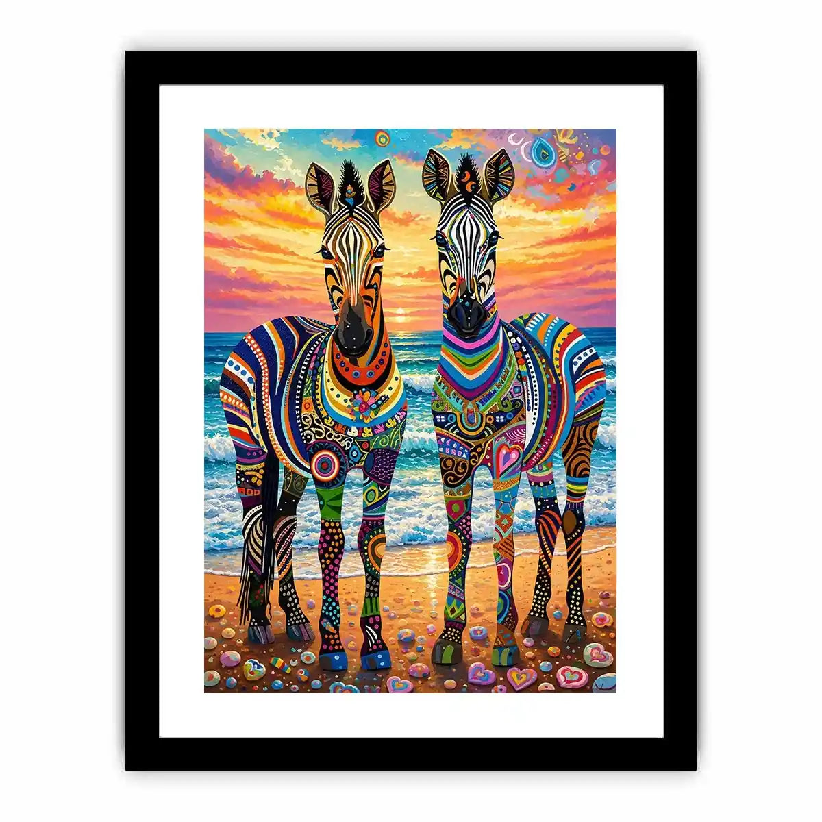 Vibrant zebras by the seaside