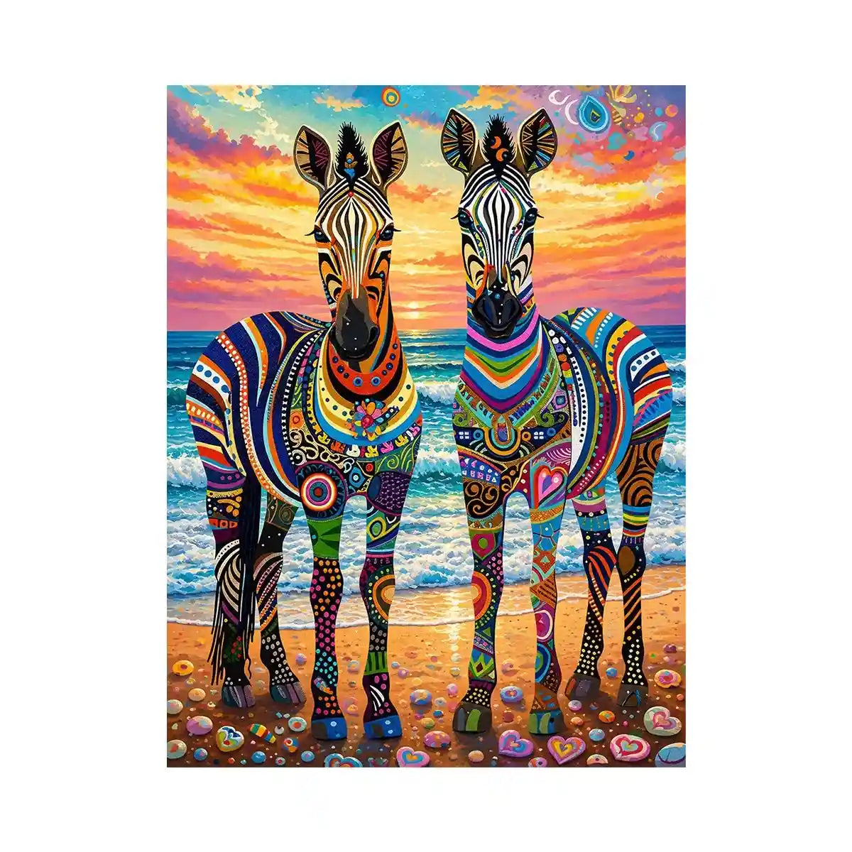Vibrant zebras by the seaside