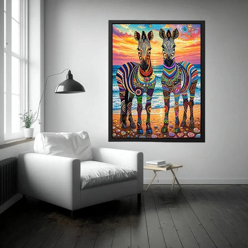 Vibrant zebras by the seaside