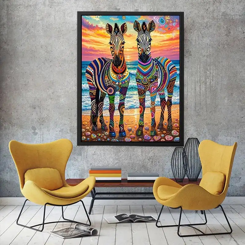 Vibrant zebras by the seaside
