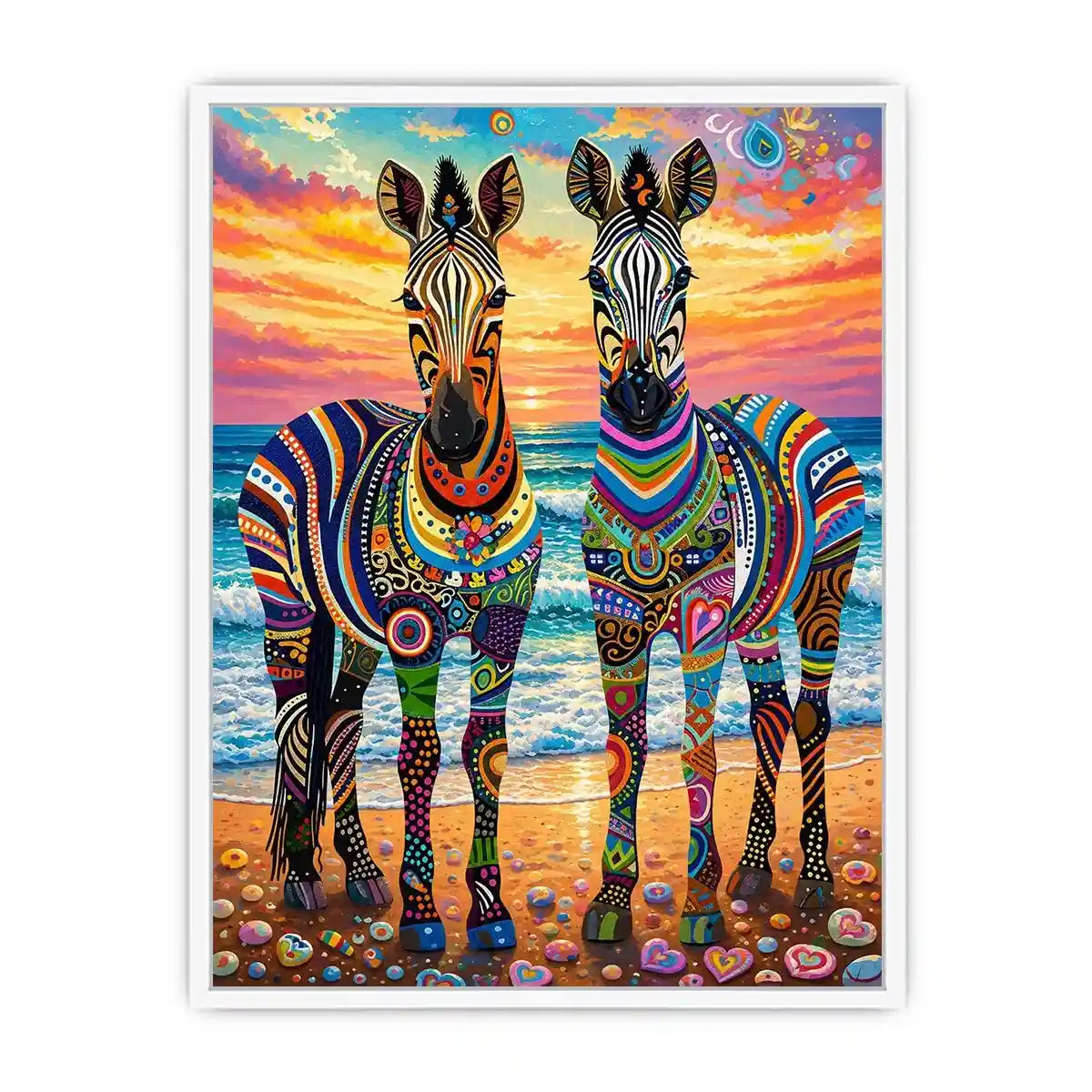 Vibrant zebras by the seaside