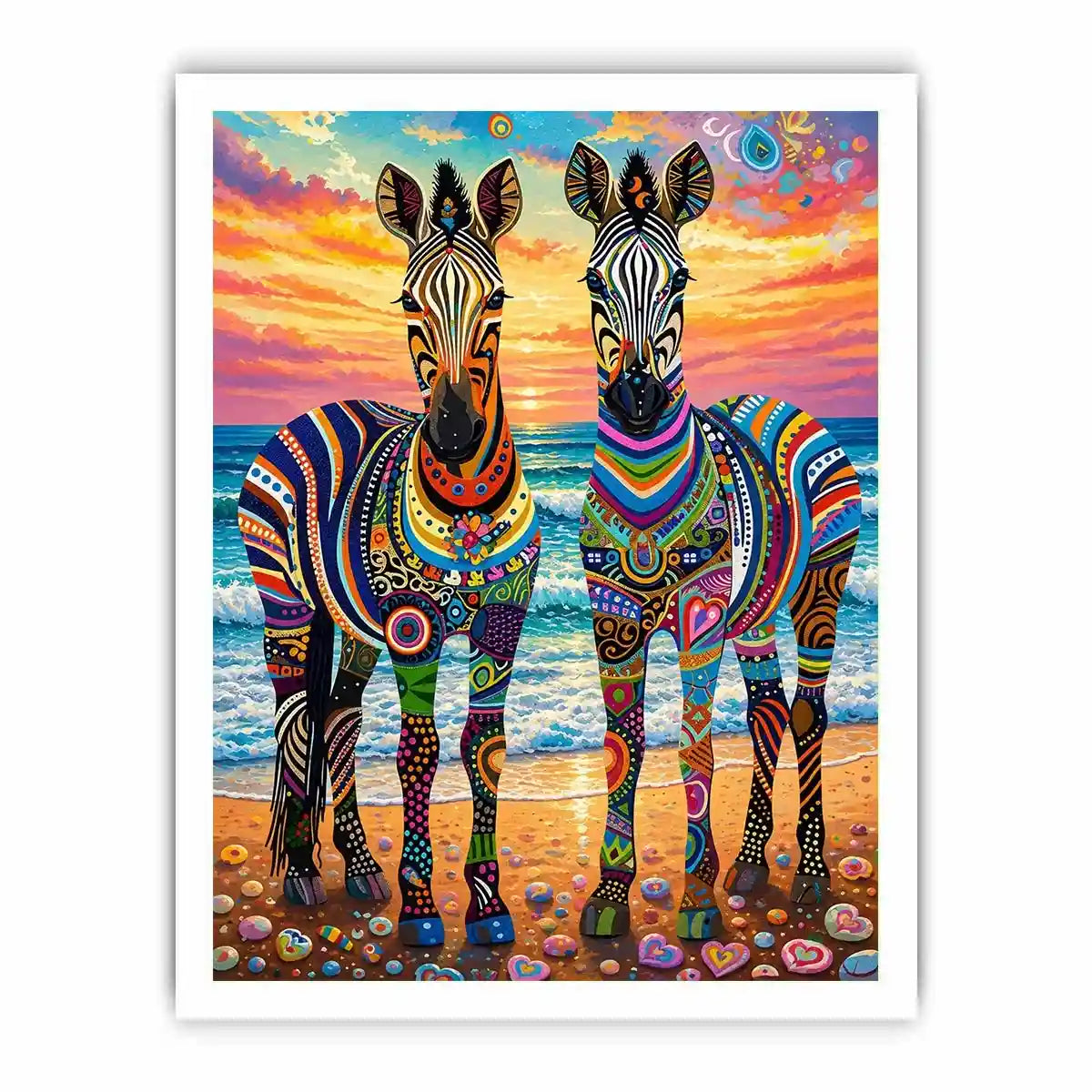 Vibrant zebras by the seaside