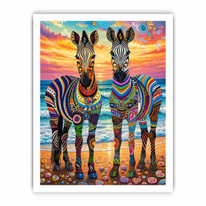 Vibrant zebras by the seaside