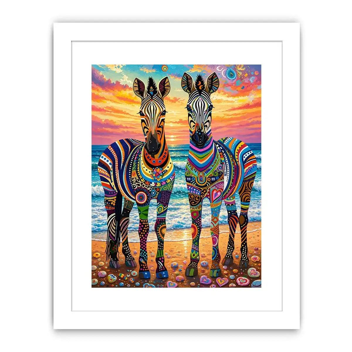 Vibrant zebras by the seaside
