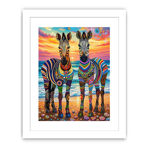 Vibrant zebras by the seaside