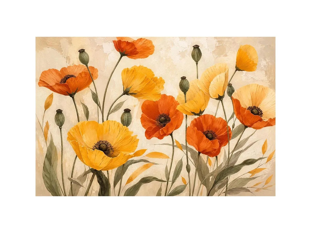 Warm poppy meadow in soft tones
