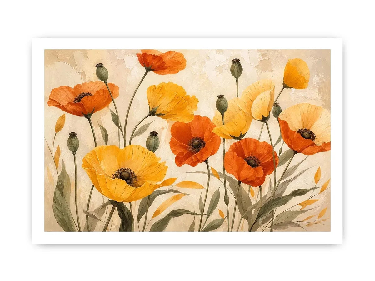 Warm poppy meadow in soft tones
