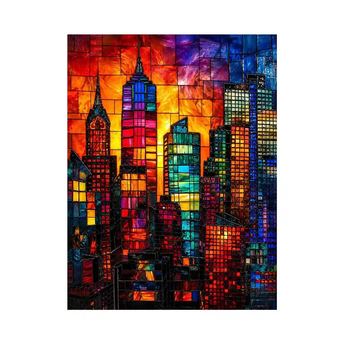 Stained-glass skyline at sunset