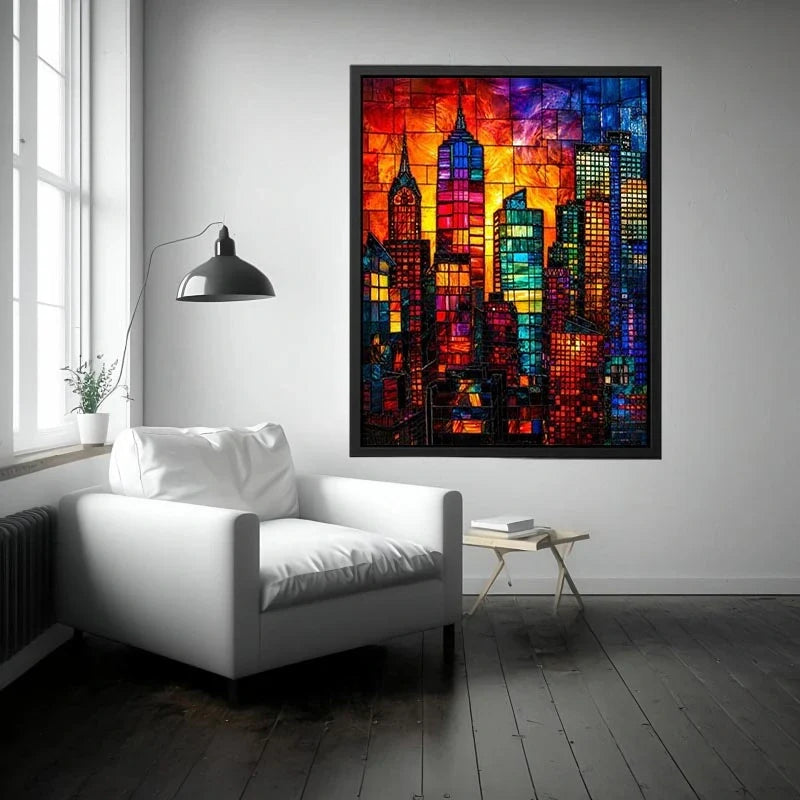 Stained-glass skyline at sunset