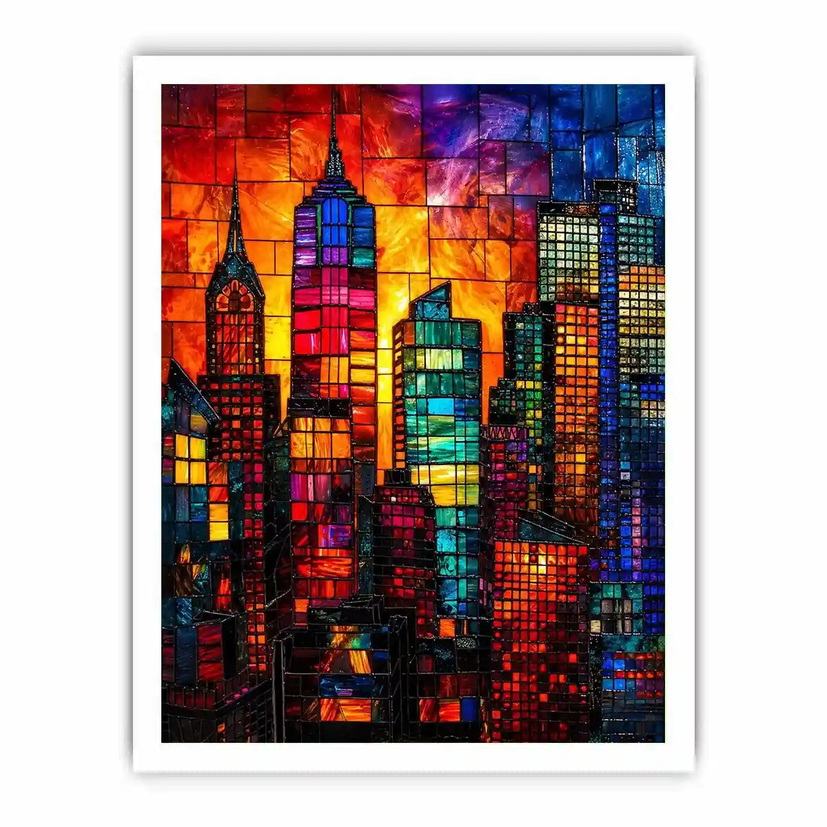 Stained-glass skyline at sunset