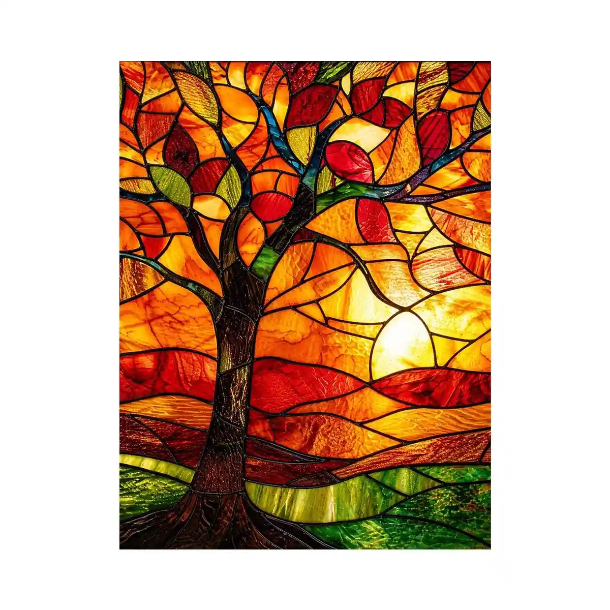 Autumn stained-glass tree at sunset