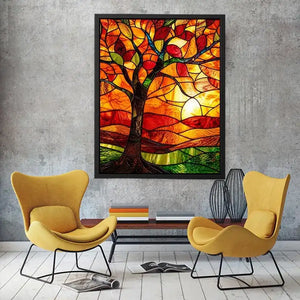 Autumn stained-glass tree at sunset