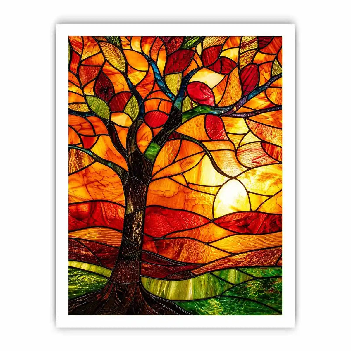 Autumn stained-glass tree at sunset