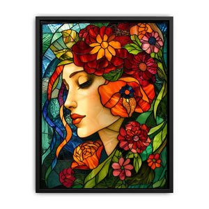 Serene woman in floral stained glass