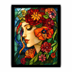 Serene woman in floral stained glass
