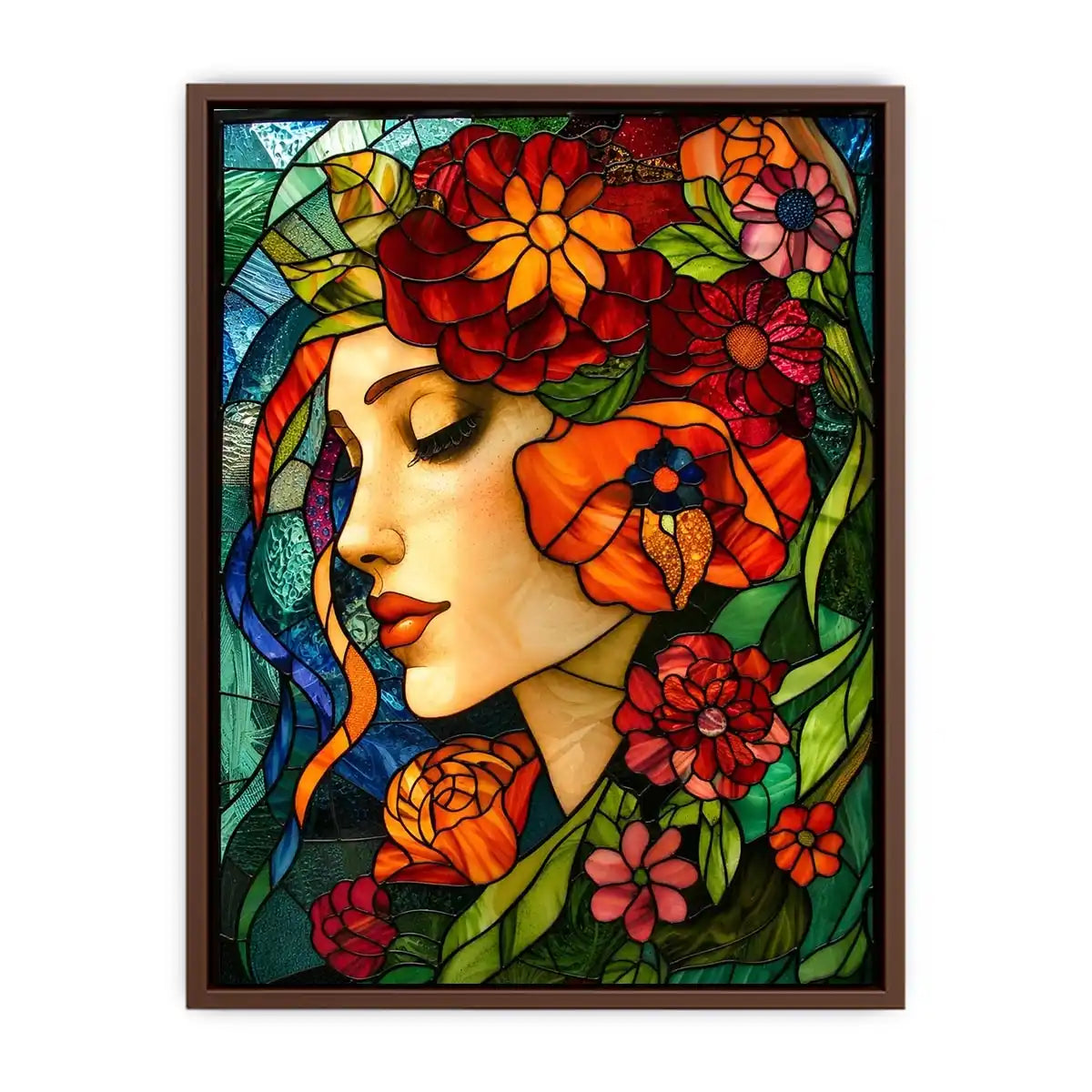 Serene woman in floral stained glass