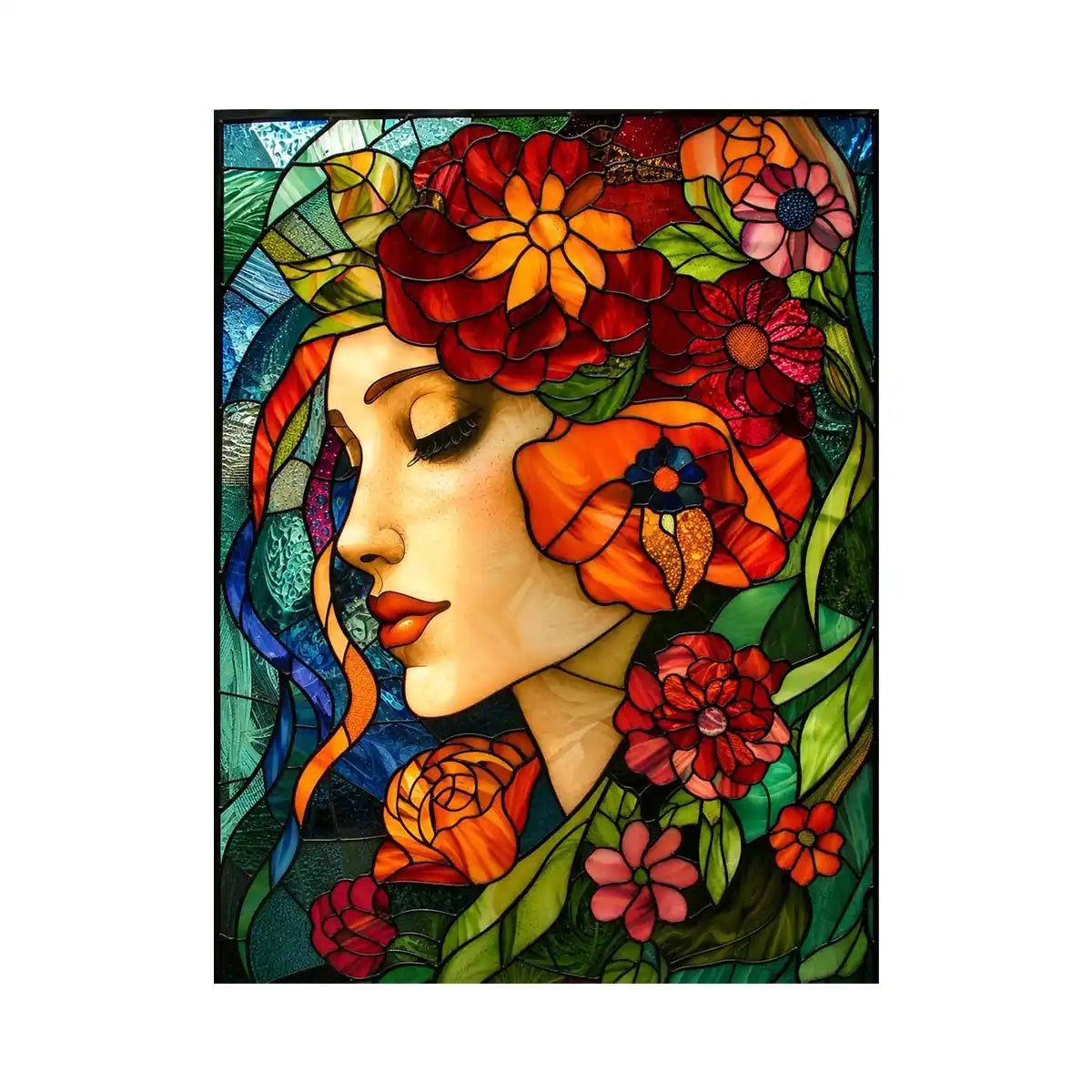 Serene woman in floral stained glass