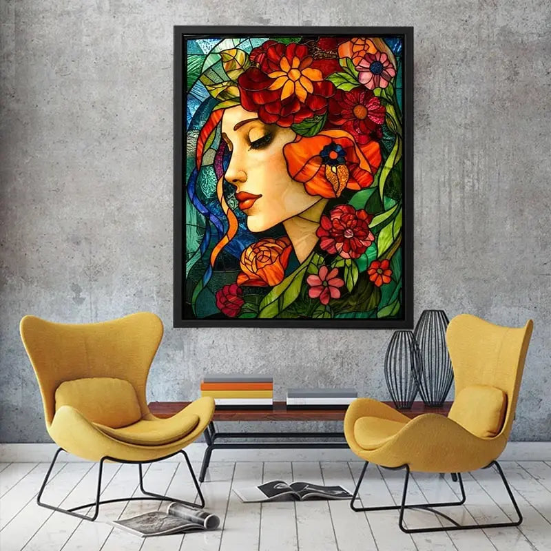 Serene woman in floral stained glass