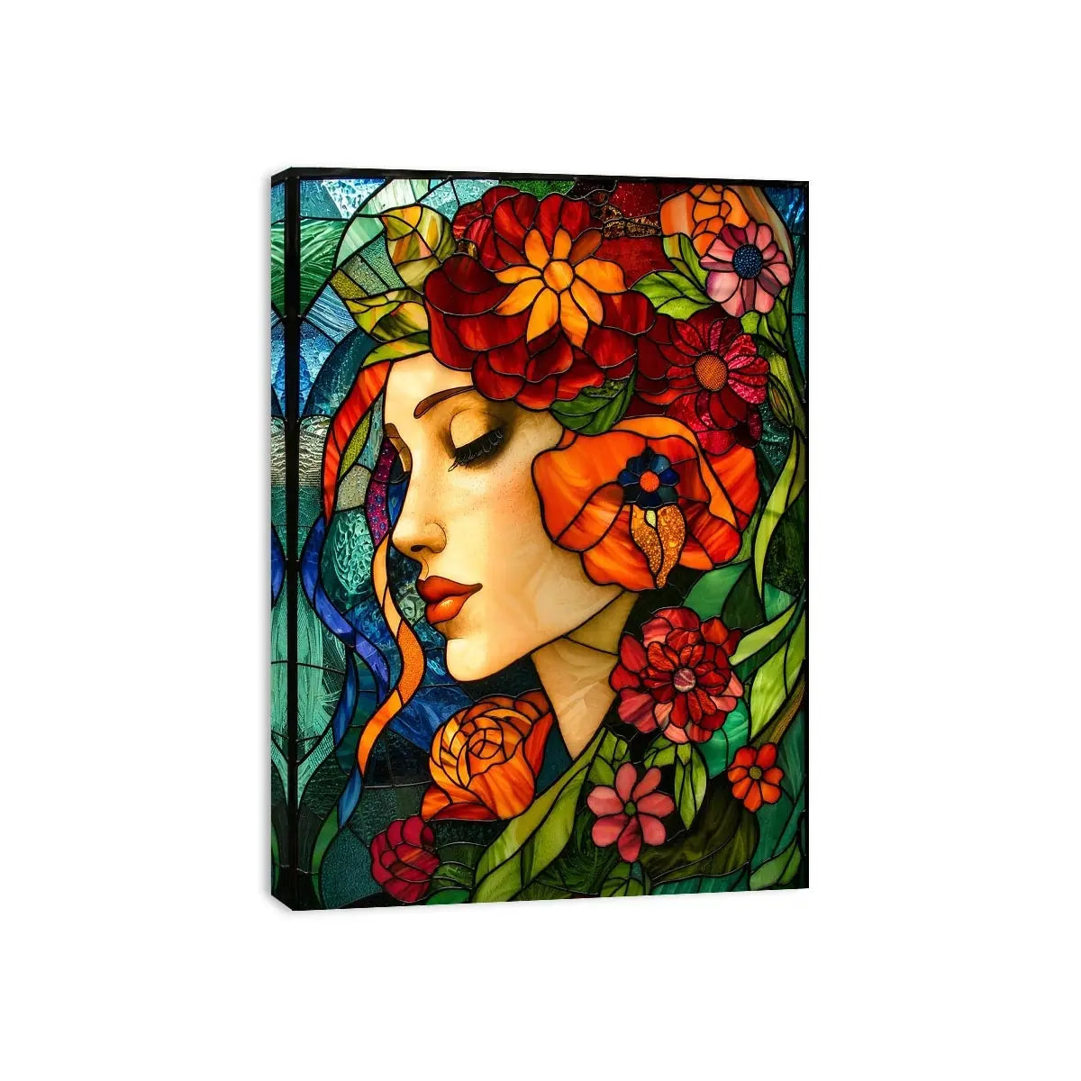 Serene woman in floral stained glass