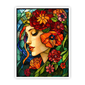 Serene woman in floral stained glass