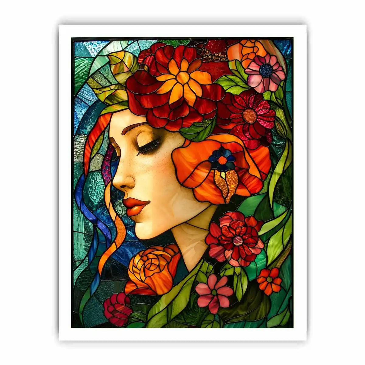 Serene woman in floral stained glass