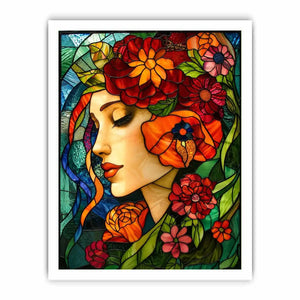 Serene woman in floral stained glass