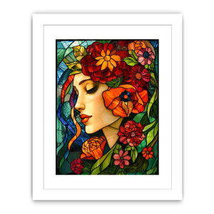Serene woman in floral stained glass