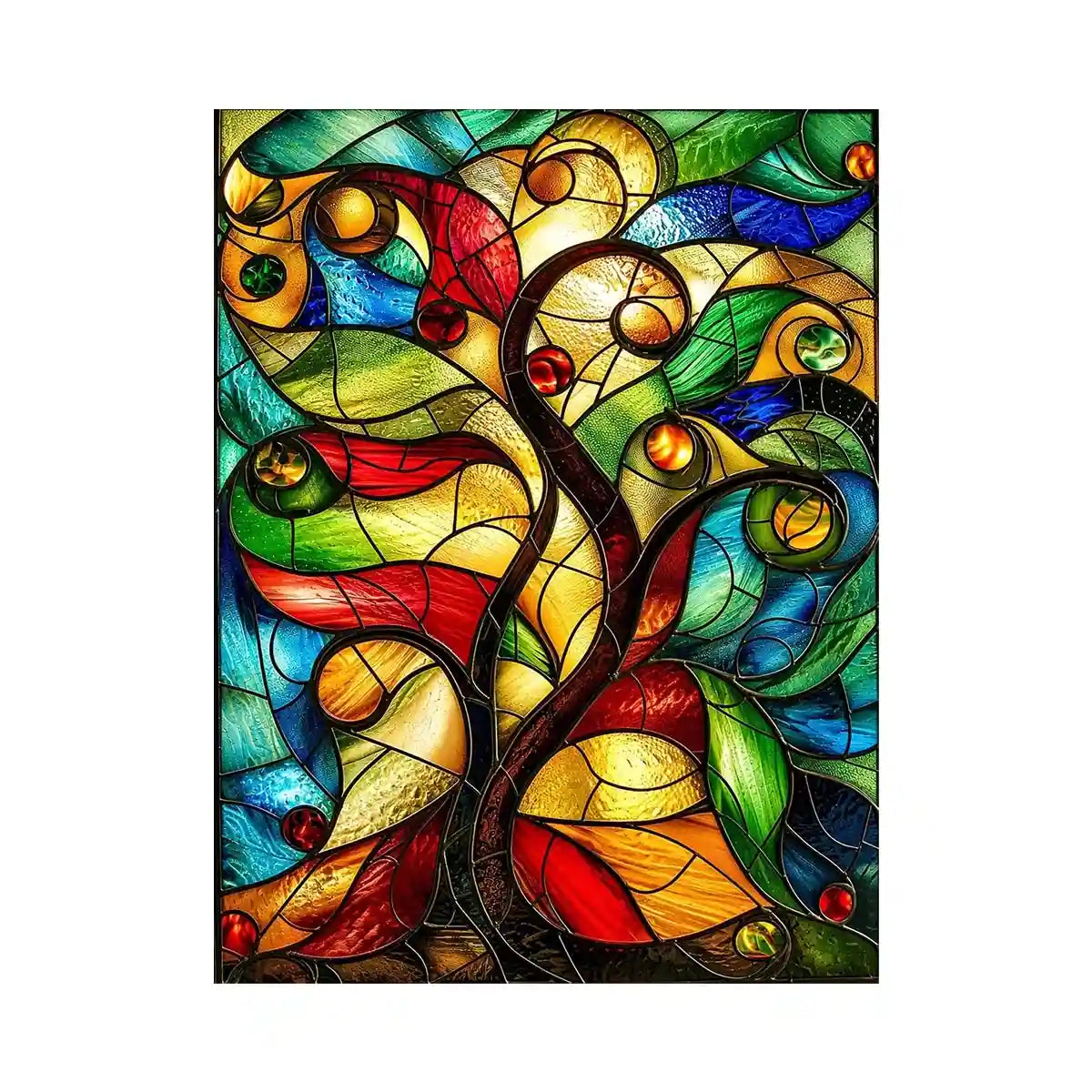 Vibrant stained-glass fantasy tree design