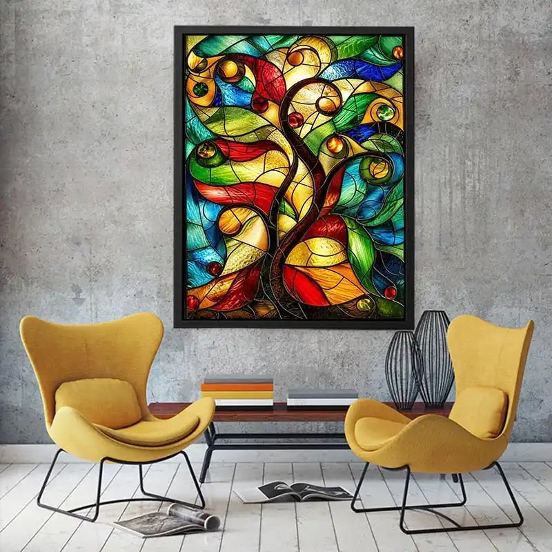 Vibrant stained-glass fantasy tree design