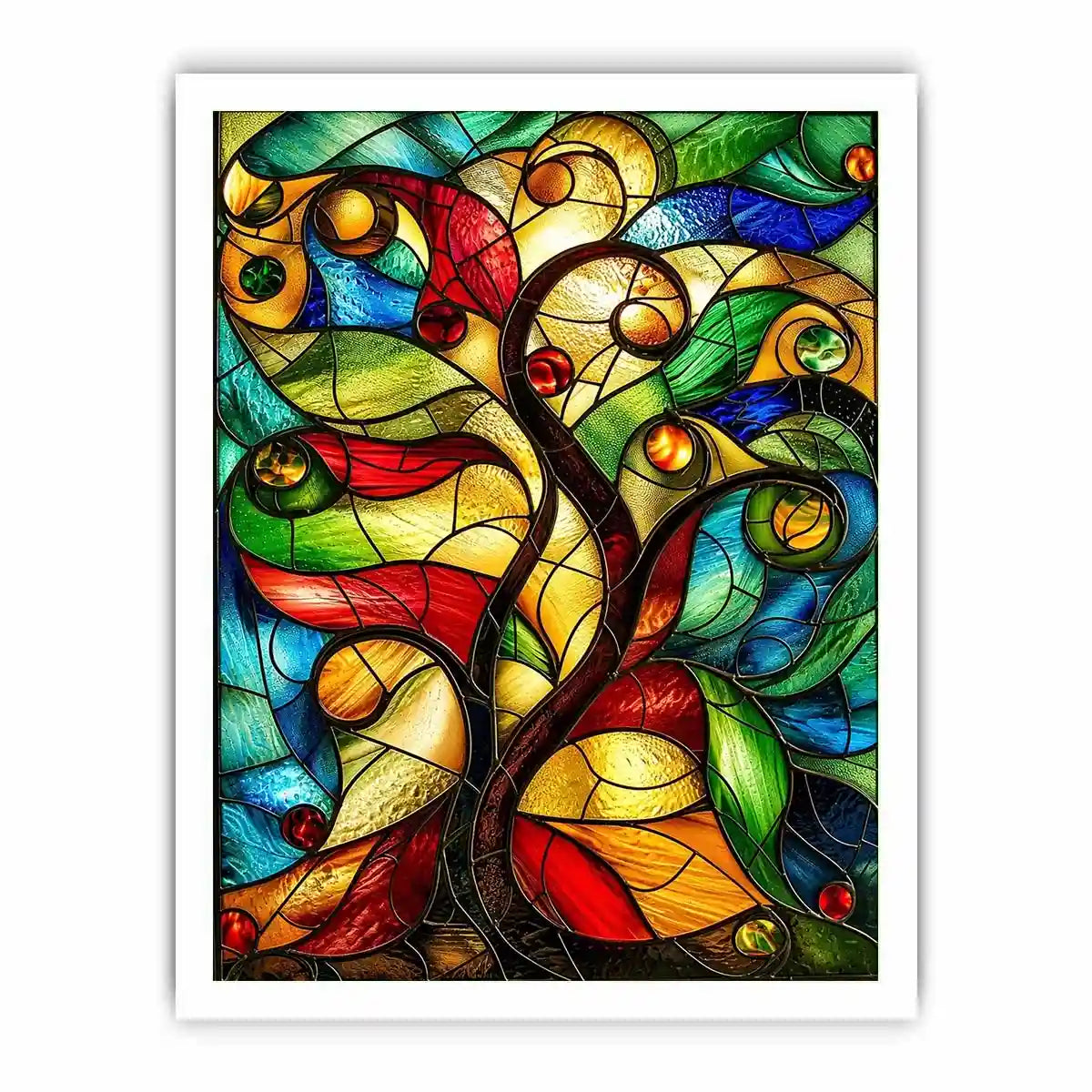 Vibrant stained-glass fantasy tree design