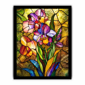 Vibrant stained-glass irises in bloom