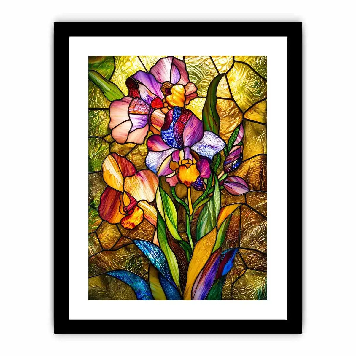 Vibrant stained-glass irises in bloom