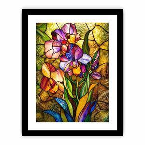 Vibrant stained-glass irises in bloom