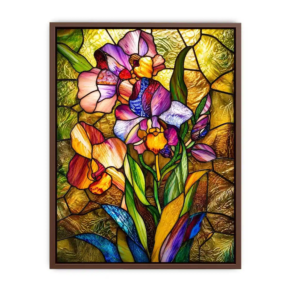 Vibrant stained-glass irises in bloom