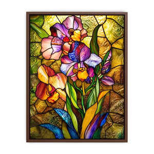 Vibrant stained-glass irises in bloom