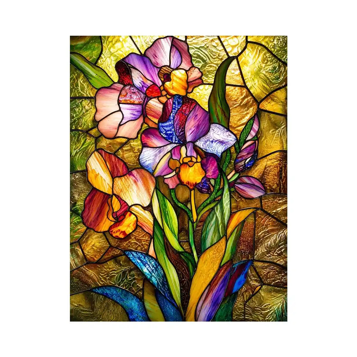 Vibrant stained-glass irises in bloom