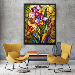 Vibrant stained-glass irises in bloom