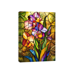 Vibrant stained-glass irises in bloom