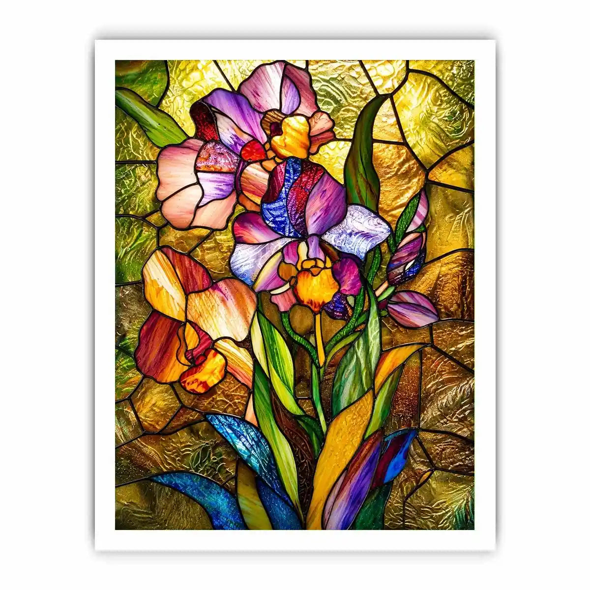 Vibrant stained-glass irises in bloom