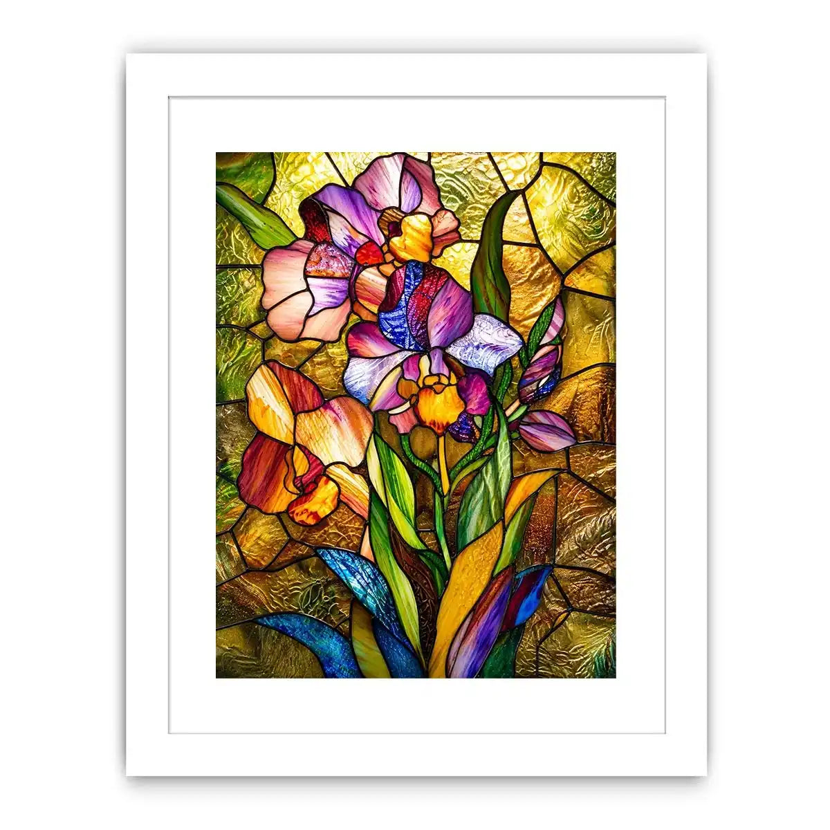 Vibrant stained-glass irises in bloom