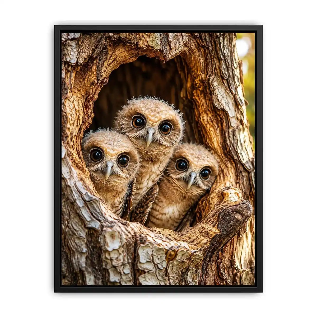 Curious owlets in tree hollow