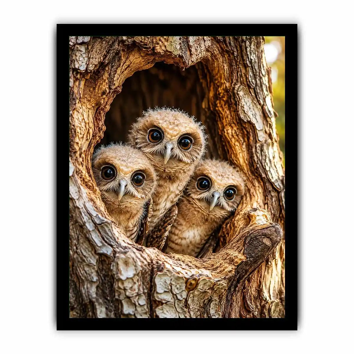 Curious owlets in tree hollow