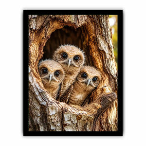 Curious owlets in tree hollow