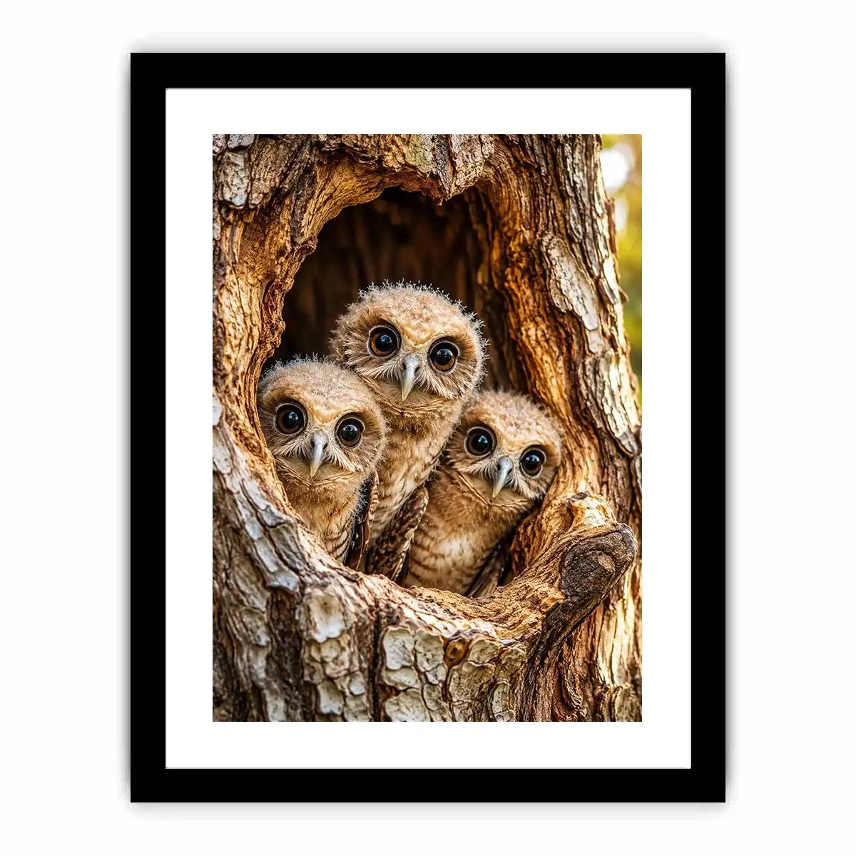 Curious owlets in tree hollow