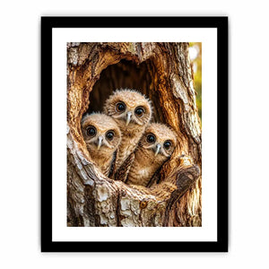 Curious owlets in tree hollow