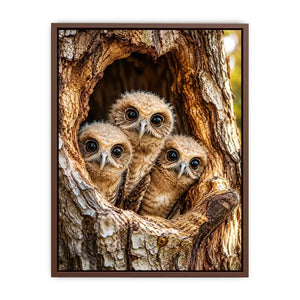 Curious owlets in tree hollow