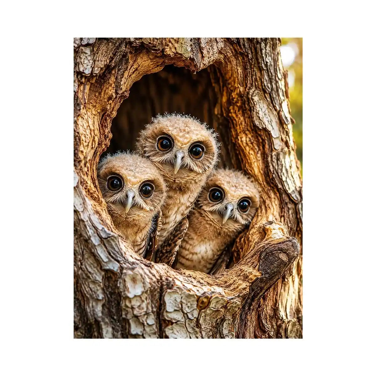 Curious owlets in tree hollow