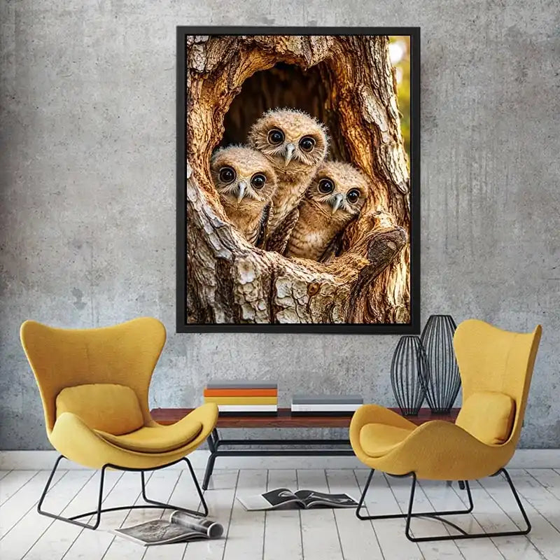 Curious owlets in tree hollow